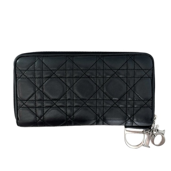 Lady Dior Voyageur Cannage Black Quilted Leather Zip Around Wallet w/ Logo charm - Picture 1 of 16